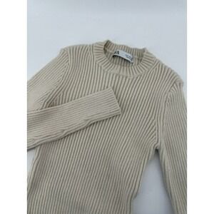 Zara Ribbed‎ Knit Long Sleeve Top Crew Neck Slim Fit Beige Womens Small